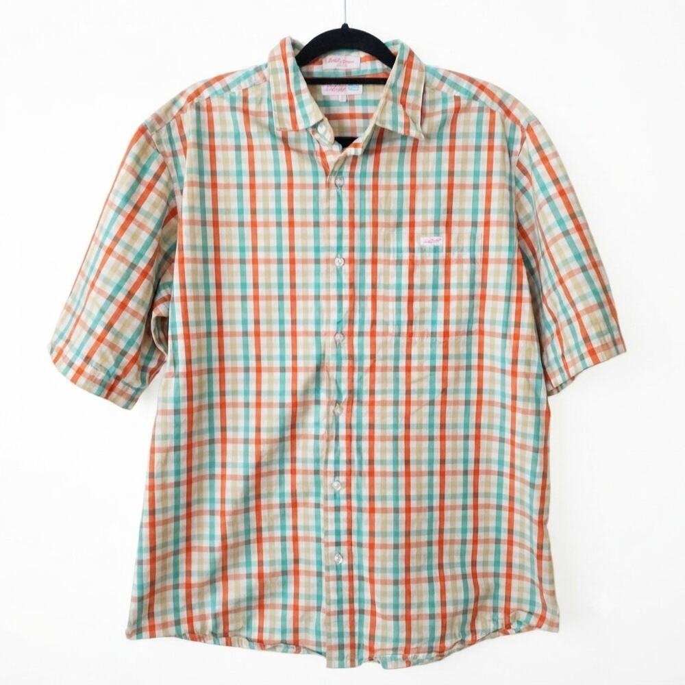 Ecko Unlimited Pastel Orange & Blue Plaid Button Up Shirt Size Large